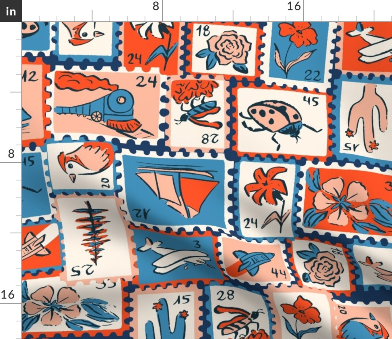 Vintage Retro Novelty Mail Stamps Letters Postage Eclectic Stamp Collection Red And Blue Writing Flowers Train Plane Birds Boats Unique Custom Printed Fabric by Spoonflower Various Fabrics by the Yard or Fat Quarter